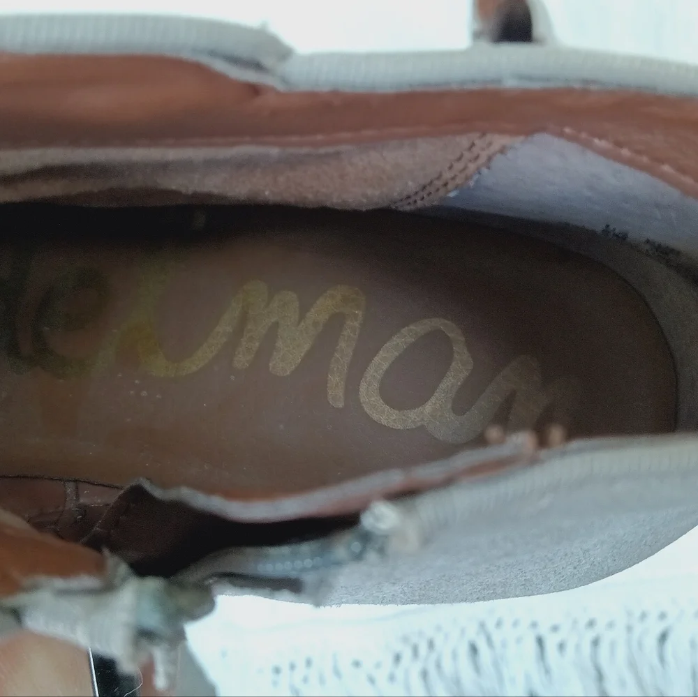 Sam Edelman Suede Ankle Booties Beige Gray Low Wood Stacked Heel 8 Western